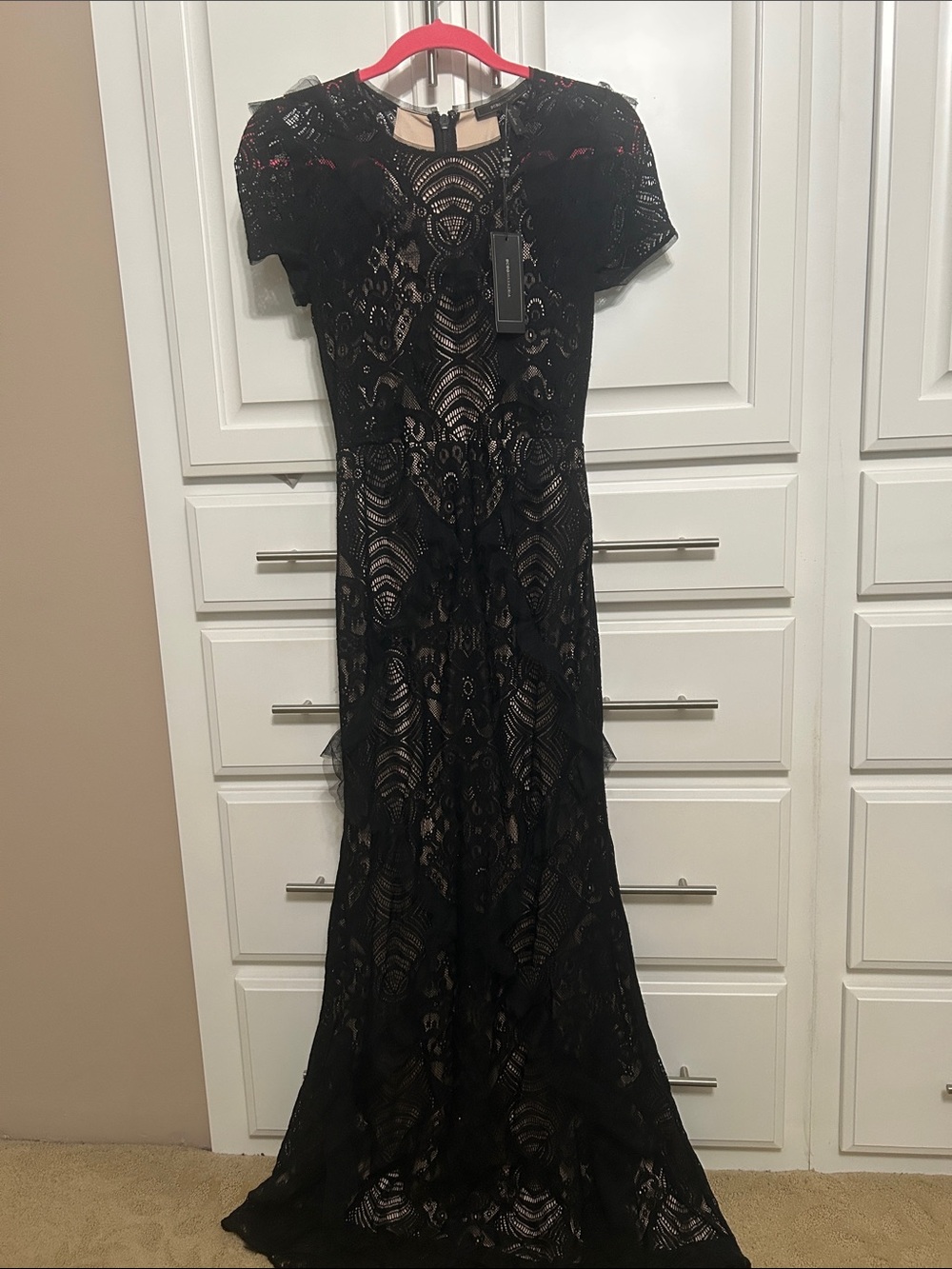 Black Lace with nude underlay floor length gown